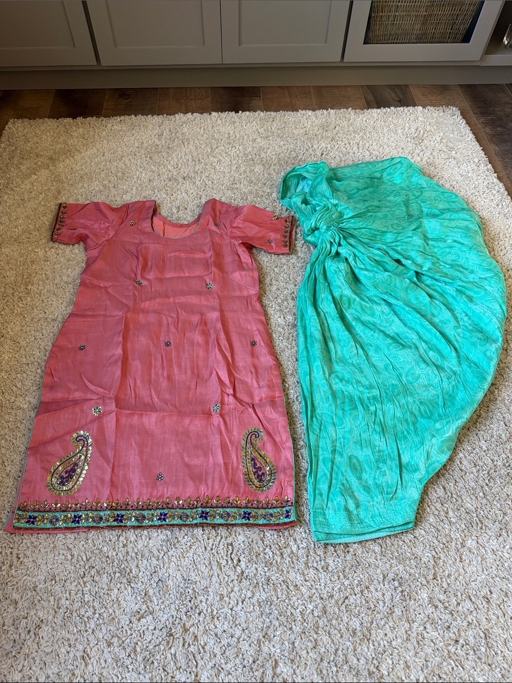 Pink Embroidered Kurta with Teal bottom